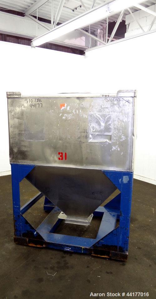 Used Mid-States Manufacturing & Engineering Powder Tote Bin, 304 Stainless Steel. Approximate 56.8 cubic feet capacity. 53” Long x 44” wide x 27.5” straight side x 35” coned bottom. 23” Diameter top ...