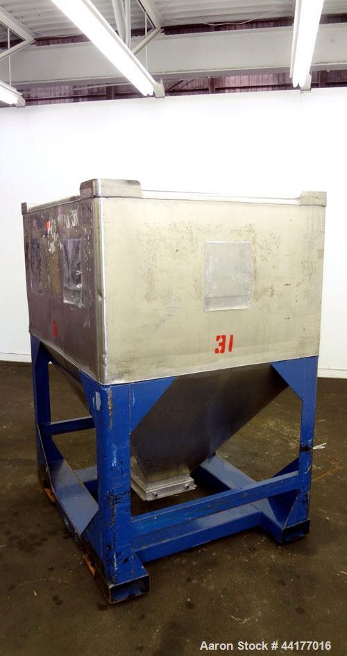 Used Mid-States Manufacturing & Engineering Powder Tote Bin, 304 Stainless Steel. Approximate 56.8 cubic feet capacity. 53” Long x 44” wide x 27.5” straight side x 35” coned bottom. 23” Diameter top ...