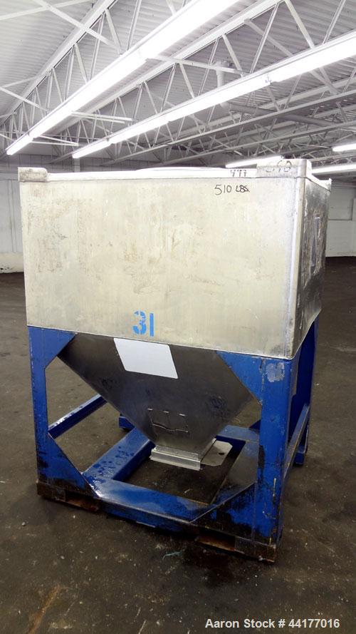 Used Mid-States Manufacturing & Engineering Powder Tote Bin, 304 Stainless Steel. Approximate 56.8 cubic feet capacity. 53” Long x 44” wide x 27.5” straight side x 35” coned bottom. 23” Diameter top ...