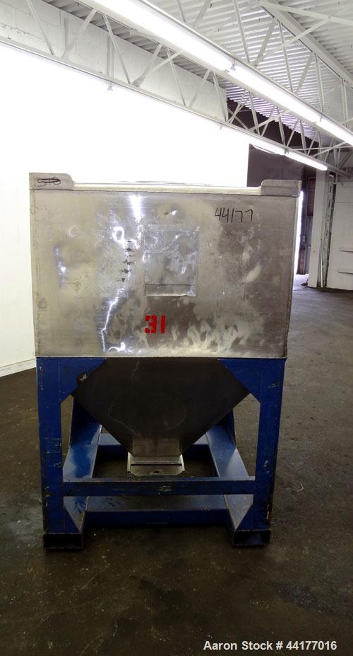 Used Mid-States Manufacturing & Engineering Powder Tote Bin, 304 Stainless Steel. Approximate 56.8 cubic feet capacity. 53” Long x 44” wide x 27.5” straight side x 35” coned bottom. 23” Diameter top ...