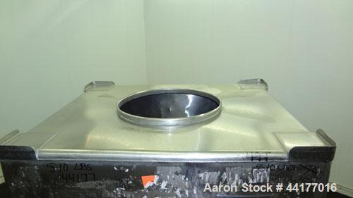 Used Mid-States Manufacturing & Engineering Powder Tote Bin, 304 Stainless Steel. Approximate 56.8 cubic feet capacity. 53” Long x 44” wide x 27.5” straight side x 35” coned bottom. 23” Diameter top ...