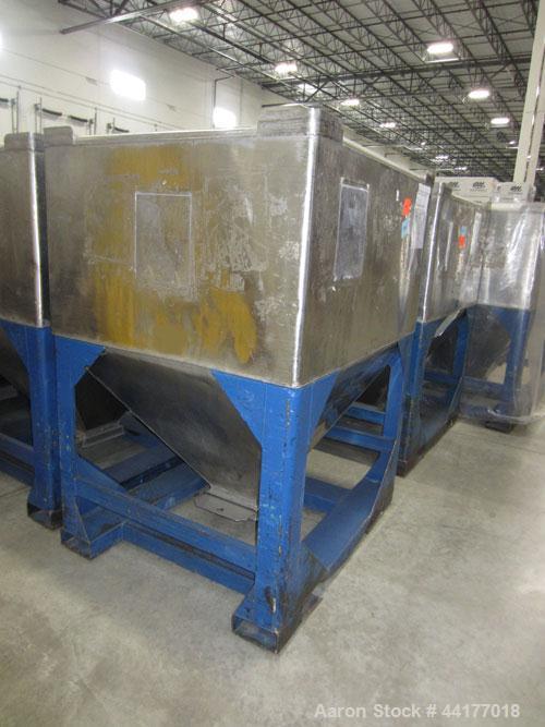 Used Mid-States Manufacturing & Engineering Powder Tote Bin, 304 Stainless Steel. Approximate 56.8 cubic feet capacity. 53” Long x 44” wide x 27.5” straight side x 35” coned bottom. 23” Diameter top ...