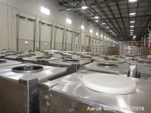 Used Mid-States Manufacturing & Engineering Powder Tote Bin, 304 Stainless Steel. Approximate 56.8 cubic feet capacity. 53” Long x 44” wide x 27.5” straight side x 35” coned bottom. 23” Diameter top ...