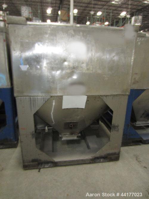 Used Mid-States Manufacturing & Engineering Powder Tote Bin, 304 Stainless Steel. Approximate 56.8 cubic feet capacity. 53" Long x 44" wide x 27.5" straight side x 35" coned bottom. 23" Diameter top ...