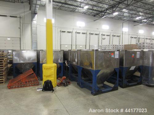 Used Mid-States Manufacturing & Engineering Powder Tote Bin, 304 Stainless Steel. Approximate 56.8 cubic feet capacity. 53" Long x 44" wide x 27.5" straight side x 35" coned bottom. 23" Diameter top ...