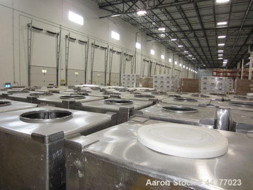 Used Mid-States Manufacturing & Engineering Powder Tote Bin, 304 Stainless Steel. Approximate 56.8 cubic feet capacity. 53" Long x 44" wide x 27.5" straight side x 35" coned bottom. 23" Diameter top ...