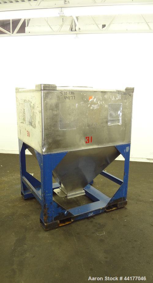 Used Mid-States Manufacturing & Engineering Powder Tote Bin, 304 Stainless Steel. Approximate 56.8 cubic feet capacity. 53” Long x 44” wide x 27.5” straight side x 35” coned bottom. 23” Diameter top ...