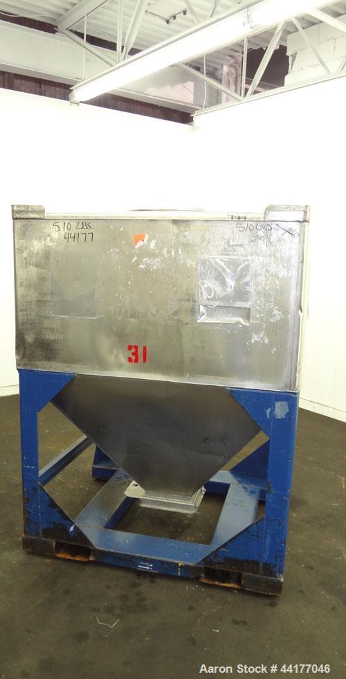 Used Mid-States Manufacturing & Engineering Powder Tote Bin, 304 Stainless Steel. Approximate 56.8 cubic feet capacity. 53” Long x 44” wide x 27.5” straight side x 35” coned bottom. 23” Diameter top ...