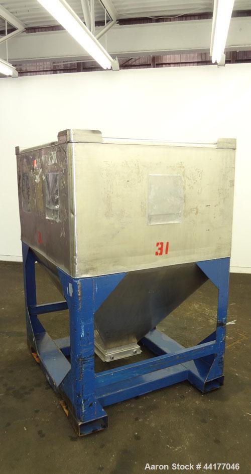 Used Mid-States Manufacturing & Engineering Powder Tote Bin, 304 Stainless Steel. Approximate 56.8 cubic feet capacity. 53” Long x 44” wide x 27.5” straight side x 35” coned bottom. 23” Diameter top ...