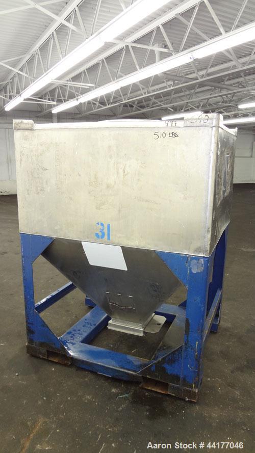 Used Mid-States Manufacturing & Engineering Powder Tote Bin, 304 Stainless Steel. Approximate 56.8 cubic feet capacity. 53” Long x 44” wide x 27.5” straight side x 35” coned bottom. 23” Diameter top ...