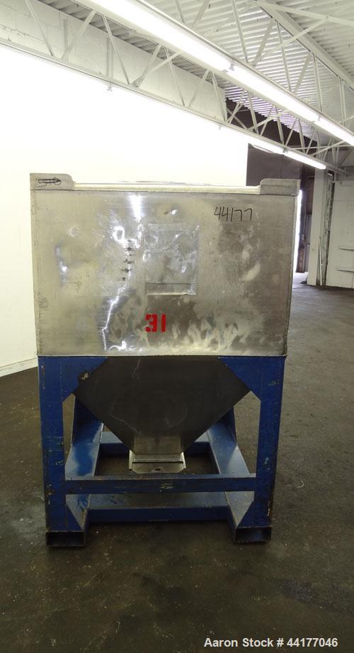 Used Mid-States Manufacturing & Engineering Powder Tote Bin, 304 Stainless Steel. Approximate 56.8 cubic feet capacity. 53” Long x 44” wide x 27.5” straight side x 35” coned bottom. 23” Diameter top ...