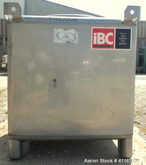 Used IBC Precision Stackable Liquid Tote, 46.7 Cubic Feet ( 350 gallon), Model SS350, 304 Stainless Steel. 48’’ long x 42’’ wide x 36’’ deep. 22’’ diameter top opening with cover, off center bottom o...