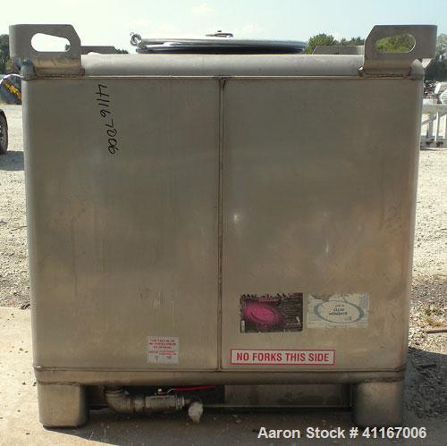 Used IBC Precision Stackable Liquid Tote, 46.7 Cubic Feet ( 350 gallon), Model SS350, 304 Stainless Steel. 48’’ long x 42’’ wide x 36’’ deep. 22’’ diameter top opening with cover, off center bottom o...
