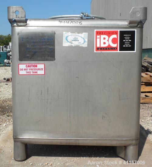 Used IBC Precision Stackable Liquid Tote, 46.7 Cubic Feet ( 350 gallon), Model SS350, 304 Stainless Steel. 48’’ long x 42’’ wide x 36’’ deep. 22’’ diameter top opening with cover, off center bottom o...