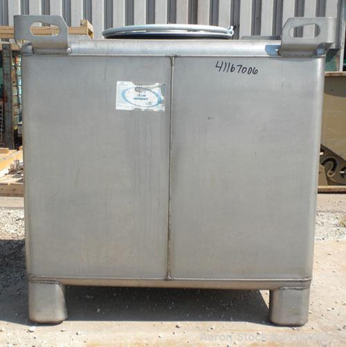 Used IBC Precision Stackable Liquid Tote, 46.7 Cubic Feet ( 350 gallon), Model SS350, 304 Stainless Steel. 48’’ long x 42’’ wide x 36’’ deep. 22’’ diameter top opening with cover, off center bottom o...