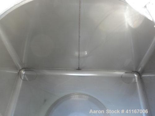 Used IBC Precision Stackable Liquid Tote, 46.7 Cubic Feet ( 350 gallon), Model SS350, 304 Stainless Steel. 48’’ long x 42’’ wide x 36’’ deep. 22’’ diameter top opening with cover, off center bottom o...