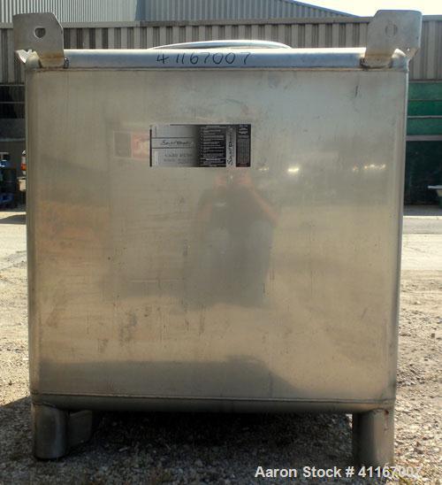 Used IBC Precision Stackable Liquid Tote, 46.7 cubic feet ( 350 gallon), model SS350, 304 stainless steel. 48’’ long x 42’’ wide x 36’’ deep. 22’’ diameter top opening with cover, off center bottom o...