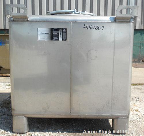Used IBC Precision Stackable Liquid Tote, 46.7 cubic feet ( 350 gallon), model SS350, 304 stainless steel. 48’’ long x 42’’ wide x 36’’ deep. 22’’ diameter top opening with cover, off center bottom o...