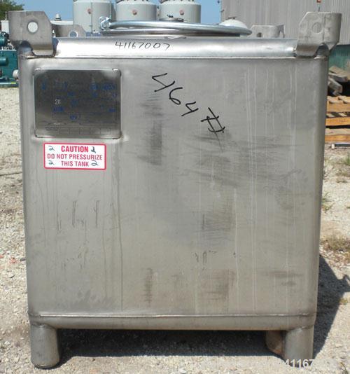 Used IBC Precision Stackable Liquid Tote, 46.7 cubic feet ( 350 gallon), model SS350, 304 stainless steel. 48’’ long x 42’’ wide x 36’’ deep. 22’’ diameter top opening with cover, off center bottom o...