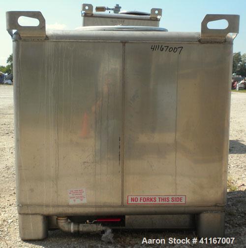 Used IBC Precision Stackable Liquid Tote, 46.7 cubic feet ( 350 gallon), model SS350, 304 stainless steel. 48’’ long x 42’’ wide x 36’’ deep. 22’’ diameter top opening with cover, off center bottom o...