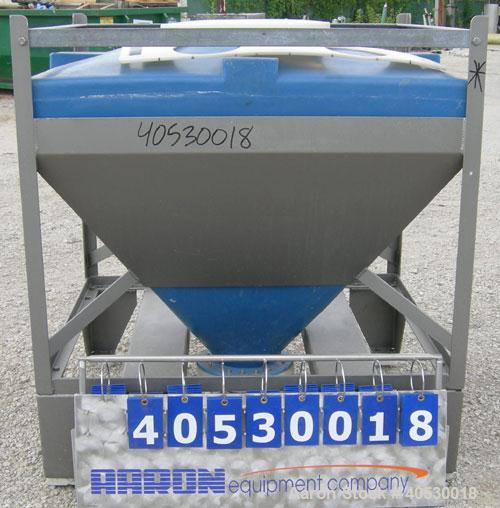 Used Plastic Tote Bin, approximately 10 cubic feet (75 gallon). 49" wide x 43" long x 8" straight side x 36" cone bottom. 20" top opening, 8" center bottom outlet. Mounted in carbon steel stackable f...