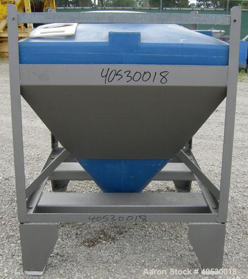 Used Plastic Tote Bin, approximately 10 cubic feet (75 gallon). 49" wide x 43" long x 8" straight side x 36" cone bottom. 20" top opening, 8" center bottom outlet. Mounted in carbon steel stackable f...