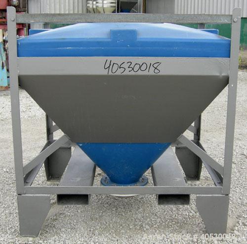 Used Plastic Tote Bin, approximately 10 cubic feet (75 gallon). 49" wide x 43" long x 8" straight side x 36" cone bottom. 20" top opening, 8" center bottom outlet. Mounted in carbon steel stackable f...