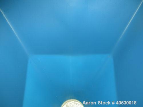 Used Plastic Tote Bin, approximately 10 cubic feet (75 gallon). 49" wide x 43" long x 8" straight side x 36" cone bottom. 20" top opening, 8" center bottom outlet. Mounted in carbon steel stackable f...