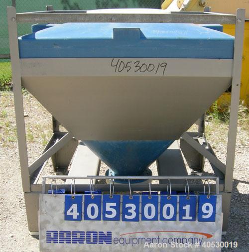 Used Plastic Tote Bin, approximately 10 cubic feet (75 gallon). 49" wide x 43" long x 8" straight side x 36" cone bottom. 20" top opening, 8" center bottom outlet. Mounted in carbon steel stackable f...