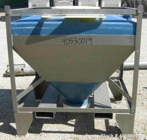 Used Plastic Tote Bin, approximately 10 cubic feet (75 gallon). 49" wide x 43" long x 8" straight side x 36" cone bottom. 20" top opening, 8" center bottom outlet. Mounted in carbon steel stackable f...