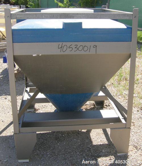 Used Plastic Tote Bin, approximately 10 cubic feet (75 gallon). 49" wide x 43" long x 8" straight side x 36" cone bottom. 20" top opening, 8" center bottom outlet. Mounted in carbon steel stackable f...