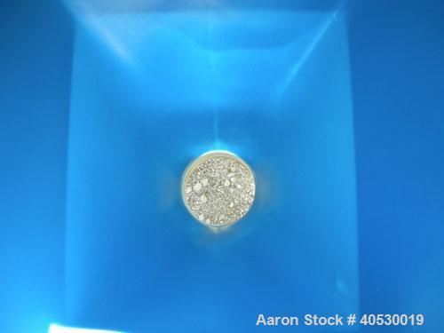 Used Plastic Tote Bin, approximately 10 cubic feet (75 gallon). 49" wide x 43" long x 8" straight side x 36" cone bottom. 20" top opening, 8" center bottom outlet. Mounted in carbon steel stackable f...