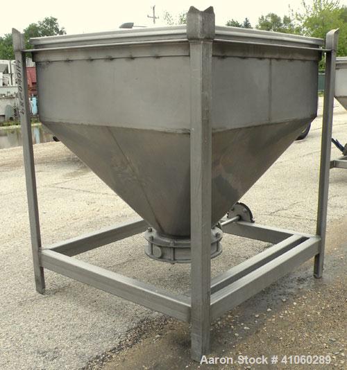 Used- Dry Tote Bin, Approximately 14 cubic feet capacity, 304 stainless steel. 36" x 36" x 14" straight side x 24" coned bot...