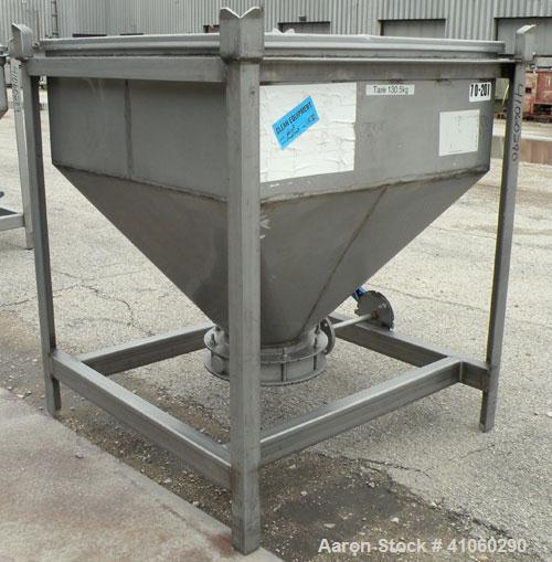 Used- Dry Tote Bin, Approximately 14 cubic feet capacity, 304 stainless steel. 36" x 36" x 14" straight side x 24" coned bot...