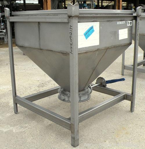 Used Dry Tote Bin, approximately 14 cubic feet capacity, 304 stainless steel. 36" x 36" x 14" straight side x 24" coned bottom. Open top with a 1 piece cover, 10" center bottom outlet with a manually...