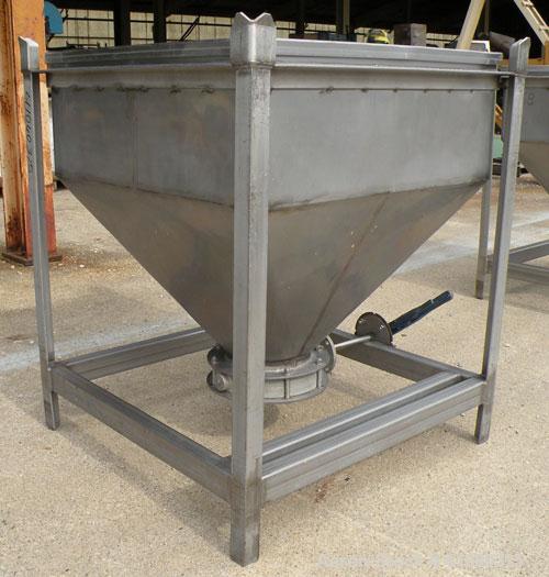 Used- Dry Tote Bin, approximately 14 cubic feet capacity, 304 stainless steel. 36" x 36" x 14" straight side x 24" coned bot...