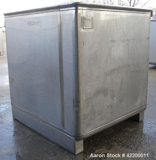 Used Custom Powder Systems Open Top Rolled Lip Bin, 49.4 cubic feet, 304L stainless steel. 42’’ wide x 48’’ long x 48’’ deep. Mounted on stainless steel legs.