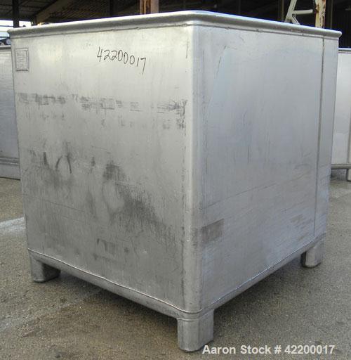 Used Custom Powder Systems Open Top Rolled Lip Bin, 49.4 cubic feet, 304L stainless steel. 42’’ wide x 48’’ long x 48’’ deep. Mounted on stainless steel legs.