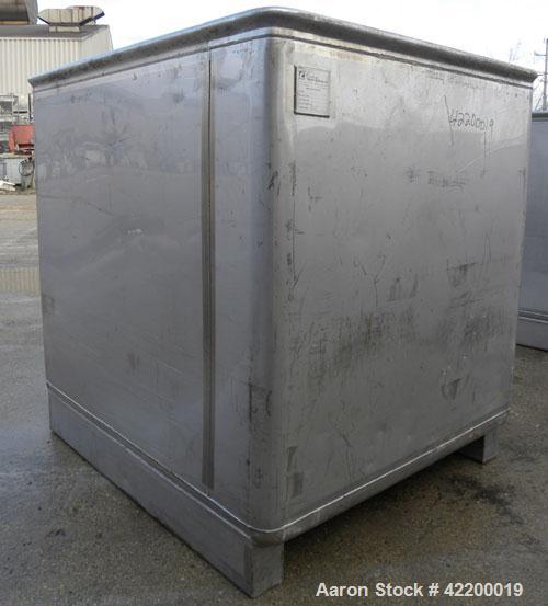 Used Custom Powder Systems Open Top Rolled Lip Bin, 49.4 cubic feet, 304L stainless steel. 42’’ wide x 48’’ long x 48’’ deep. Mounted on stainless steel legs.
