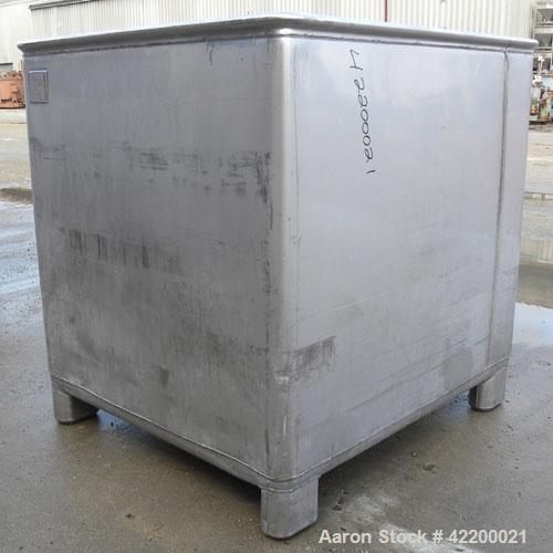 Used Custom Powder Systems Open Top Rolled Lip Bin, 49.4 cubic feet, 304L stainless steel. 42’’ wide x 48’’ long x 48’’ deep. Mounted on stainless steel legs.