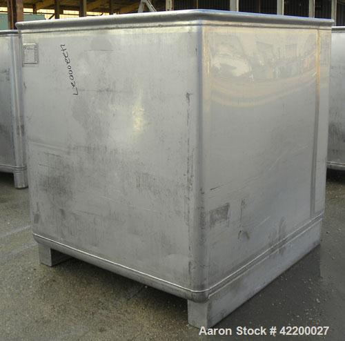 Used Custom Powder Systems Open Top Rolled Lip Bin, 49.4 cubic feet, 304L stainless steel. 42’’ wide x 48’’ long x 48’’ deep. Mounted on stainless steel legs.