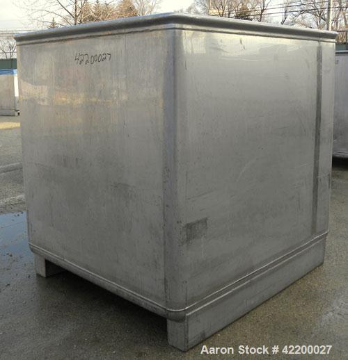 Used Custom Powder Systems Open Top Rolled Lip Bin, 49.4 cubic feet, 304L stainless steel. 42’’ wide x 48’’ long x 48’’ deep. Mounted on stainless steel legs.