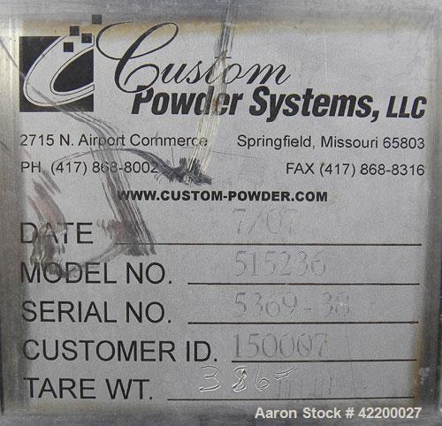 Used Custom Powder Systems Open Top Rolled Lip Bin, 49.4 cubic feet, 304L stainless steel. 42’’ wide x 48’’ long x 48’’ deep. Mounted on stainless steel legs.