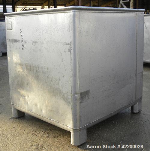 Used Custom Powder Systems Open Top Rolled Lip Bin, 49.4 cubic feet, 304L stainless steel. 42’’ wide x 48’’ long x 48’’ deep. Mounted on stainless steel legs.