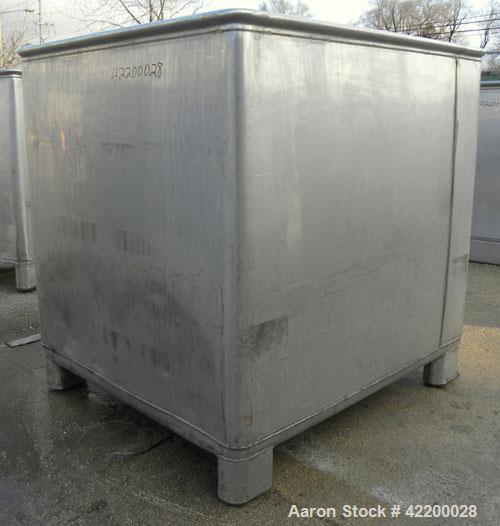 Used Custom Powder Systems Open Top Rolled Lip Bin, 49.4 cubic feet, 304L stainless steel. 42’’ wide x 48’’ long x 48’’ deep. Mounted on stainless steel legs.