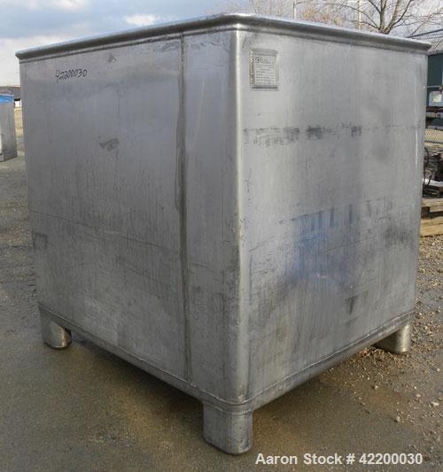 Used Custom Powder Systems Open Top Rolled Lip Bin, 49.4 cubic feet, 304L stainless steel. 42’’ wide x 48’’ long x 48’’ deep. Mounted on stainless steel legs.