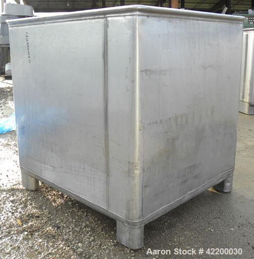 Used Custom Powder Systems Open Top Rolled Lip Bin, 49.4 cubic feet, 304L stainless steel. 42’’ wide x 48’’ long x 48’’ deep. Mounted on stainless steel legs.