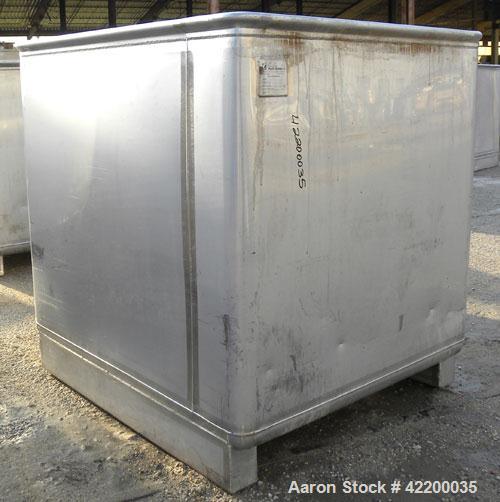 Used Custom Powder Systems Open Top Rolled Lip Bin, 49.4 cubic feet, 304L stainless steel. 42’’ wide x 48’’ long x 48’’ deep. Mounted on stainless steel legs.