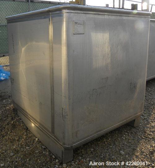 Used Custom Powder Systems Open Top Rolled Lip Bin, 49.4 cubic feet, 304L stainless steel. 42’’ wide x 48’’ long x 48’’ deep. Mounted on stainless steel legs.