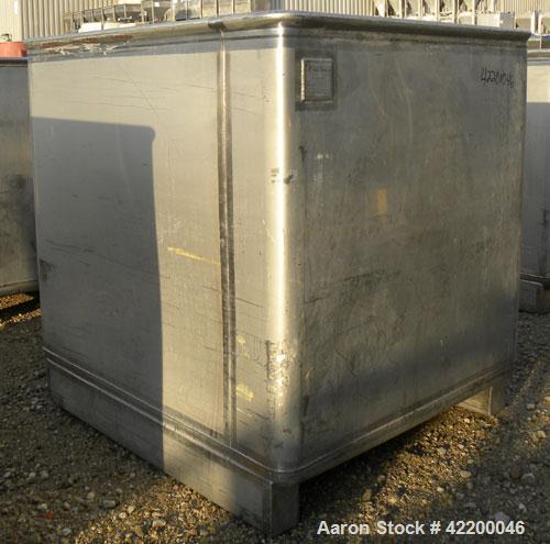 Used Custom Powder Systems Open Top Rolled Lip Bin, 49.4 cubic feet, 304L stainless steel. 42’’ wide x 48’’ long x 48’’ deep. Mounted on stainless steel legs.